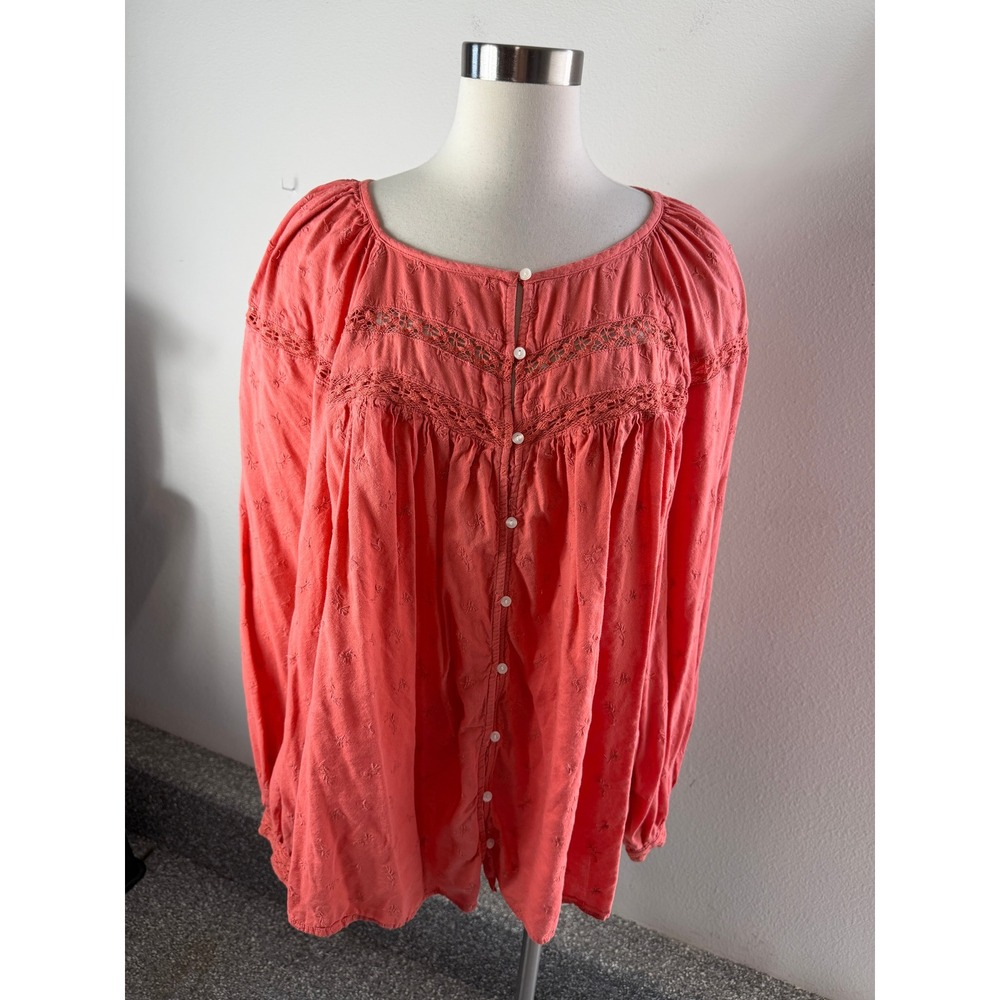 Old Navy Womens Plus XXL Tall Coral Eyelet Lace Peasant Blouse Boho Top